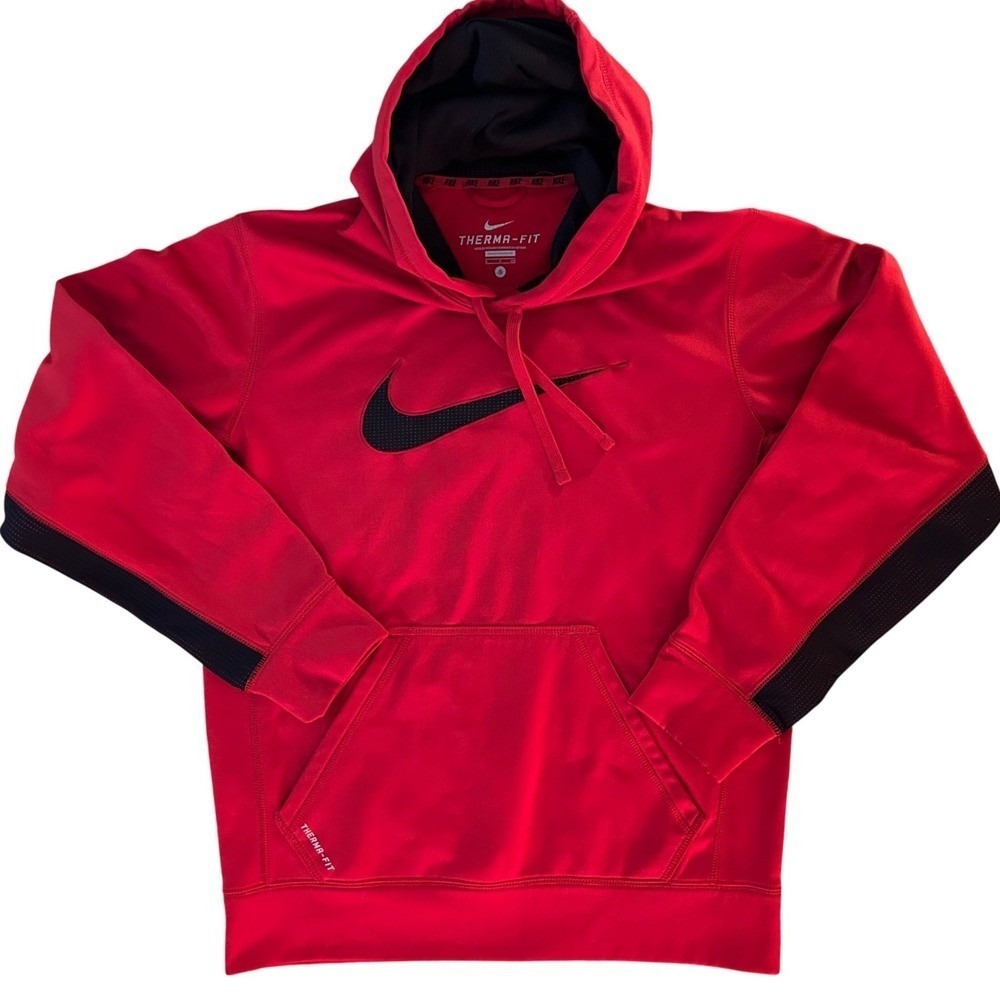 Nike Therma Fit‎ Men's Red Black Logo Pullover Hoodie Sweatshirt Size Small